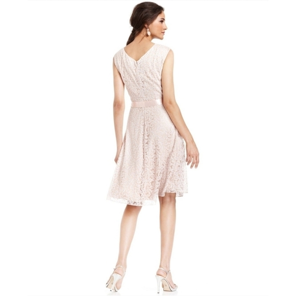 💕TAHARI by ASL💕 Glitter Lace Trim Metallic Ribbon Belted Dress Light Pink 18W - Picture 3 of 14